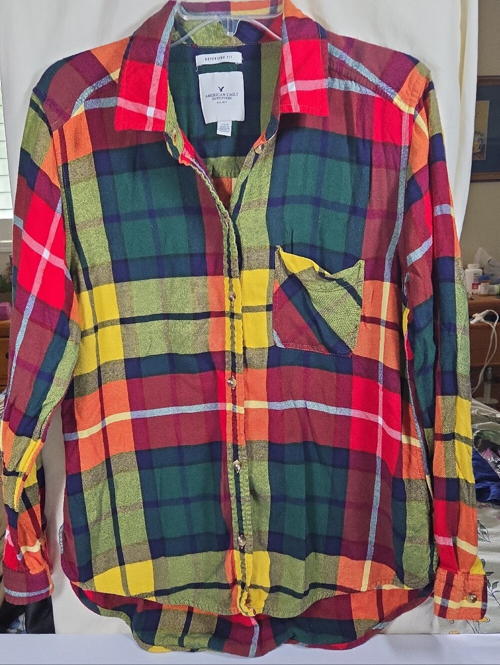 American Eagle Flannel Shirt Women L Plaid Boyfriend Fit Soft
